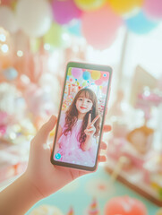 Naklejka premium 誕生日会、スマホを持つ手