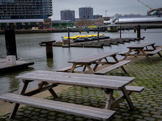 10.12.2024, Rotterdam, Netherlands: A yellow high-speed water taxi parked in the taxi station
