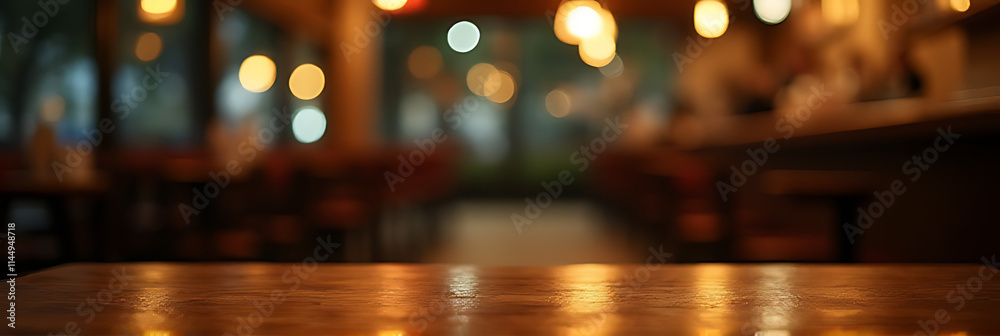 Poster wooden table top in a dimly lit cafe at night, with blurred light and bokeh effects creating an aest