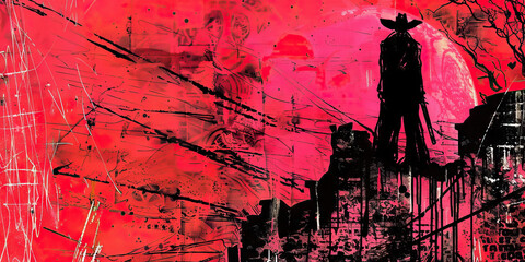 Abstract Expressionist Painting: Gunslinger Silhouette against Pink Background
