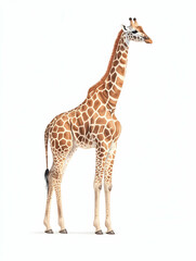 Naklejka premium Giraffe standing, isolated white background, African wildlife, zoo animal, nature print.