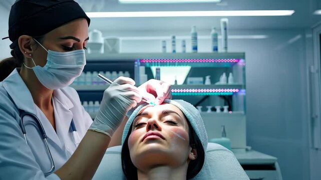 An aesthetician carefully administers a skin treatment to a client in a sleek, contemporary skincare facility with bright lights and minimalistic design.