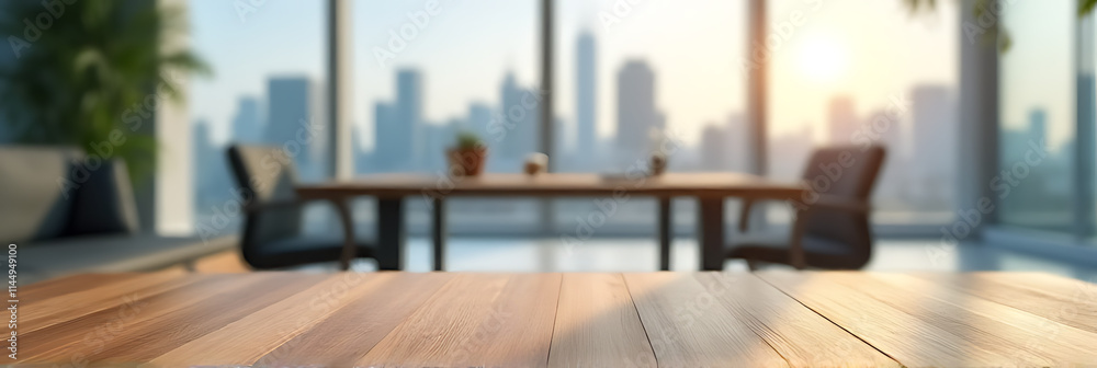 Aufkleber Wooden table in an office setting with a blurred background of a cityscape view, suitable for product display or visuals._00002_