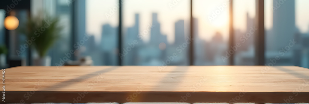 Aufkleber Wooden table in an office setting with a blurred background of a cityscape view, suitable for product display or visuals._00001_