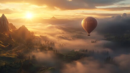 Obraz premium A large red hot air balloon is soaring high above a lush green forest. The sky is filled with fluffy white clouds, and the sun is shining brightly, casting a warm glow over the scene