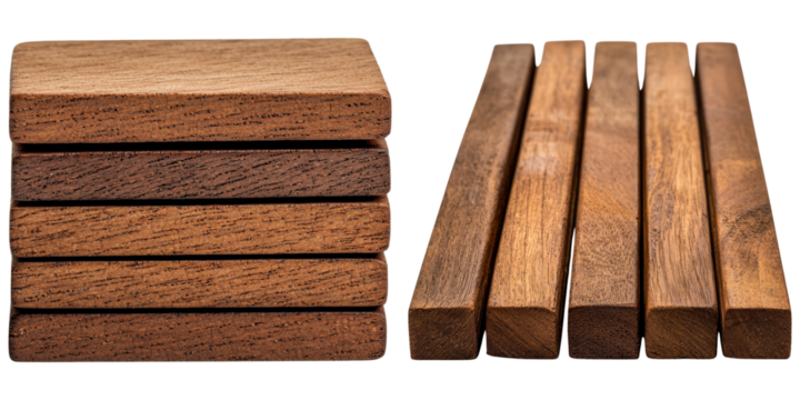 Stacked mahogany wooden planks with multi layered textures, showcasing rich colors and dynamic patterns