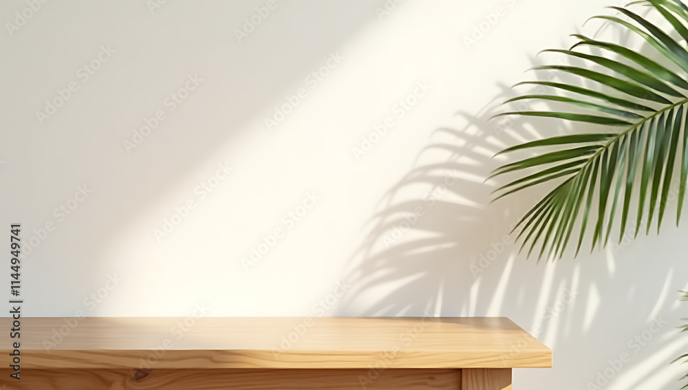 Aufkleber Wood table or product display platform features a shadow of a palm leaf on its surface against a simple wall background._00003_