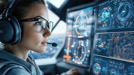 Confident female pilot navigating aircraft, using futuristic digital dashboard in cockpit