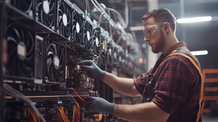 Technician Working with Computer Hardware in Server Room