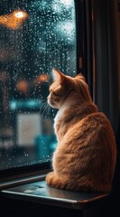 Cat Sitting on Train Table, Looking Out at Night Winter Scene with Raindrops and Streetlights