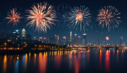Fototapeta premium Vibrant fireworks display over cityscape at night