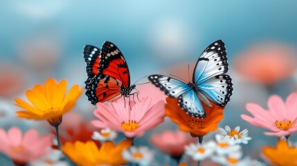 Two Butterflies on Vibrant Spring Flowers in a Garden