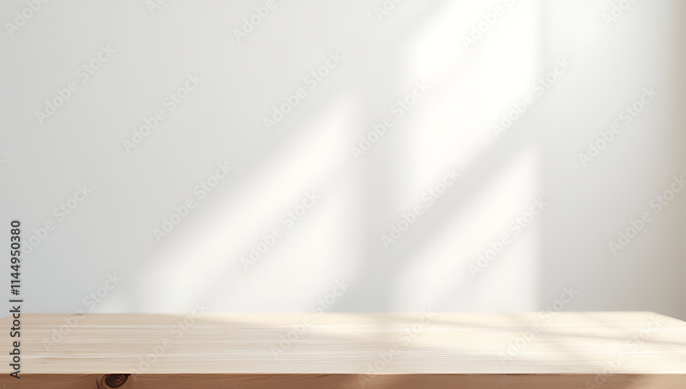 Poster White abstract background with a wood table top displayed in a typical department store setting for home decor shoppers._00001_