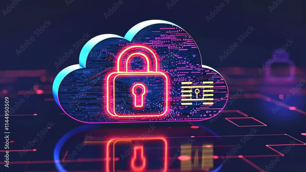Poster a vibrant digital representation of a cloud with a lock, illustrating the concept of secure data sto