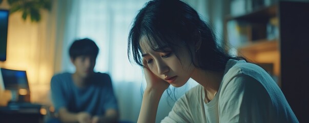 Family problems, Asian women cover her face and sit separately from husband feel disappointed after quarrels at home, Generative AI