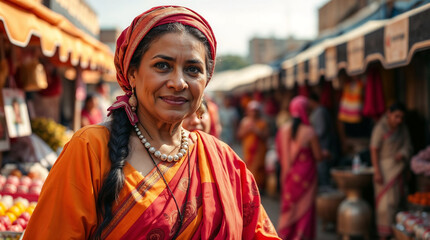 Obraz premium Elderly Indian woman with a warm smile wearing a sari in a vibrant market atmosphere