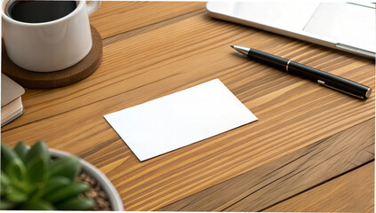 Blank business card on wooden desk, professional mood, with pen and coffee cup in a tidy workspace