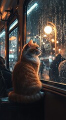 Cat Sitting on Train Table, Looking Out at Night Winter Scene with Raindrops and Streetlights