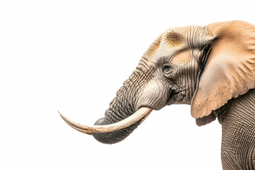 Obraz premium Majestic African Elephant Profile, Isolated on White Background, Wildlife Conservation, Zoo Animal Portrait.