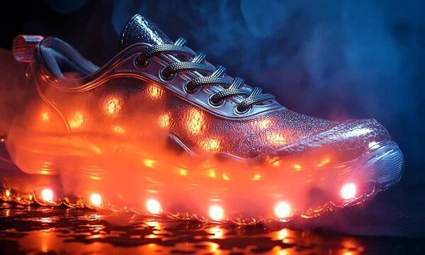 A glowing sneaker with vibrant lights and a reflective surface, creating a striking visual effect.