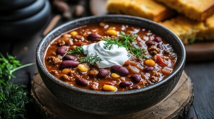 Delicious and Hearty Chili Bowl with Sour Cream and Herbs