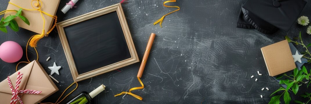 Celebrate graduation with a framed memory against a backdrop of school items and festive decorations. Generative AI