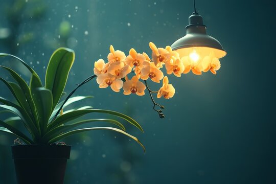 Phalaenopsis Anthura Narbonne, Moth Orchid Narborre Noir blooming under lamp in winter, Generative AI