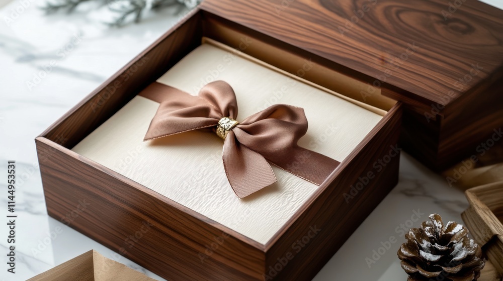 Wall mural Elegant Gift Box with Bow on Wooden Surface for Special Occasion