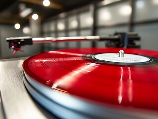 Obraz premium A close-up of a red vinyl record spinning on a turntable.