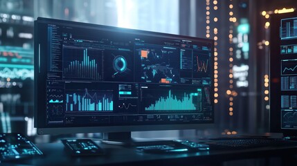 Data visualization dashboards on widescreen monitor, night office skyline