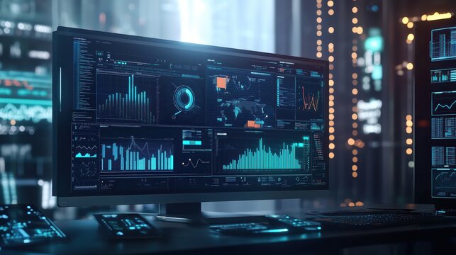 Data visualization dashboards on widescreen monitor, night office skyline