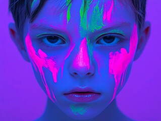 Dramatic portrait of a boy with neon pink and green glowing face paint under ultraviolet light, featuring intense expression and futuristic energy in a bold color scheme