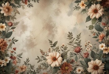 Muted and earthy tones in a distressed floral background, tones, distressed, retro