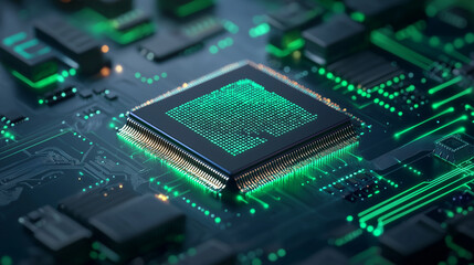 A dynamic scene depicting a glowing algorithm with flowing binary code, a technology processor at the center. The background is filled with deep blue and green hues, evoking a sens