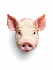 Pink piglet head, front view, isolated white background, farm animal, food industry use.