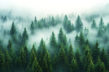 Fototapeta premium A forest with trees covered in fog
