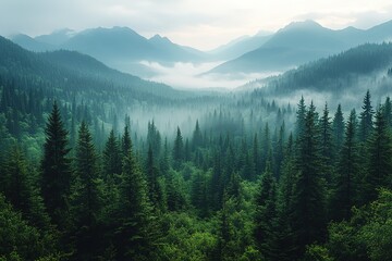 Obraz premium A forest with many trees and a misty sky