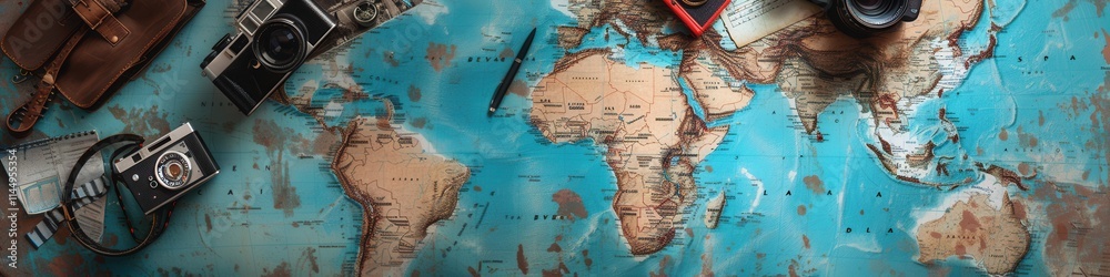 Fototapete Travel photos arranged on a world map backdrop with ample copy space for creative design and layout options. Generative AI