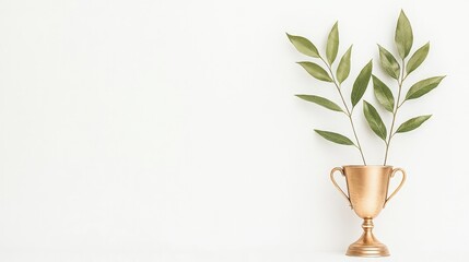 Fototapeta premium Golden trophy cup holding green leafy branches on a minimalist white background with copy space.