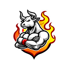 a drawing of a bull with a yellow and fire background