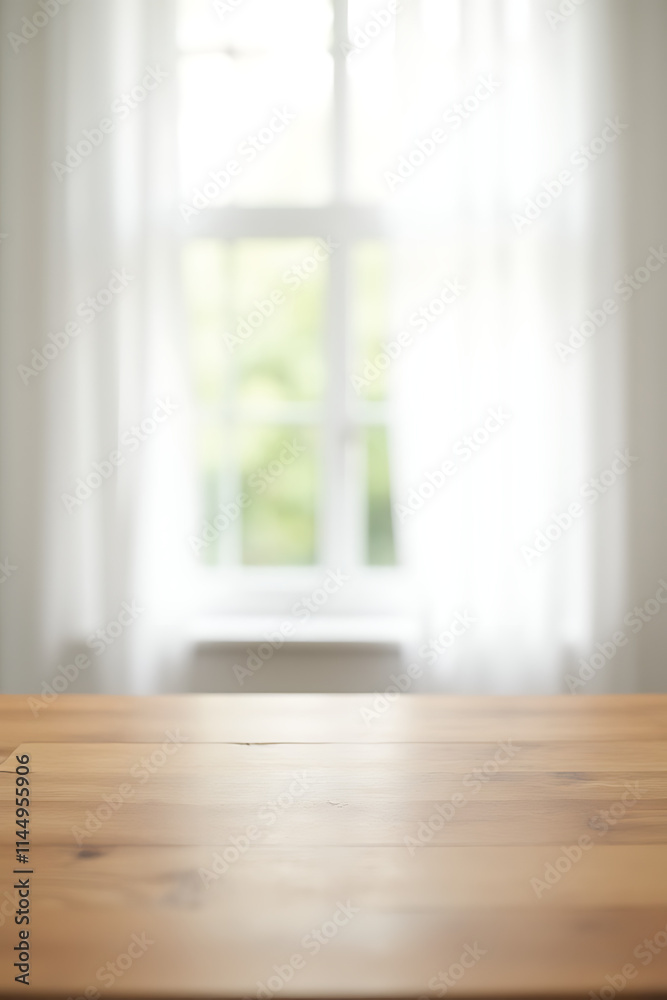 Poster the wooden tabletop is bare against a blurred white curtain with a clear view through the window in 
