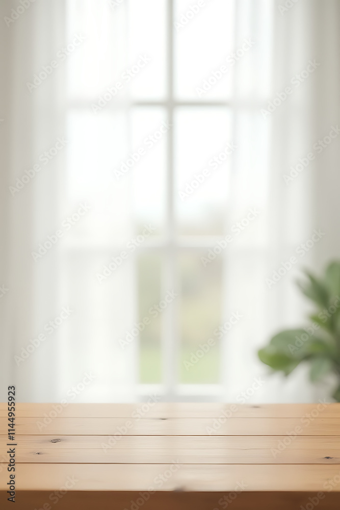 Poster the wooden tabletop is bare against a blurred white curtain with a clear view through the window in 