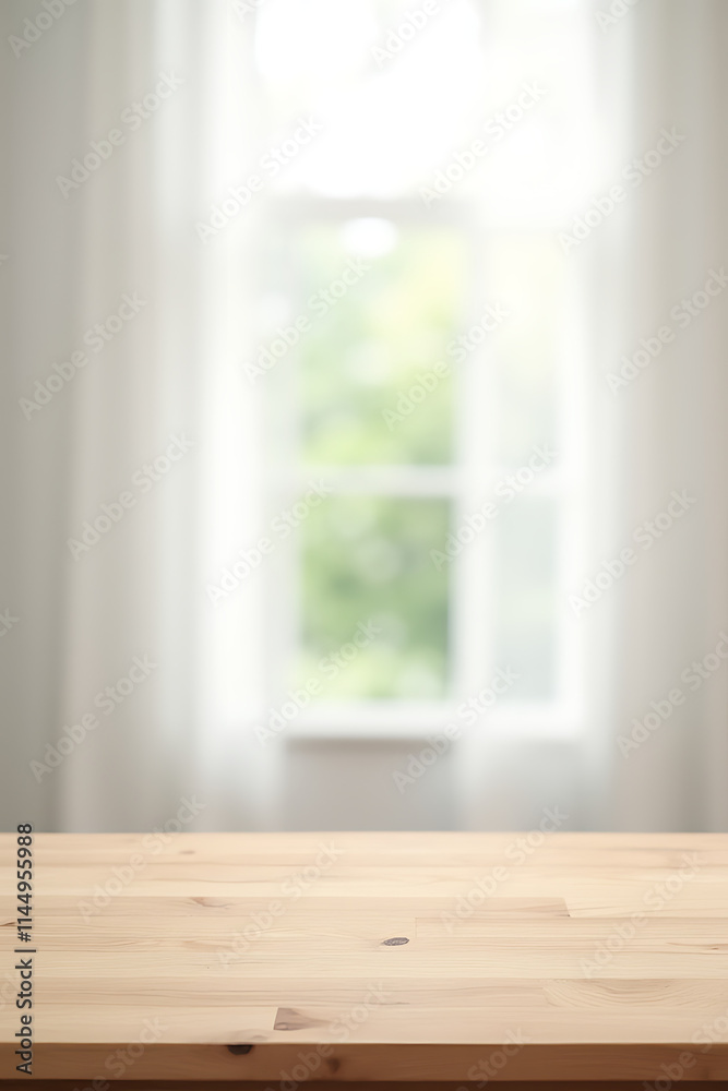Poster the wooden tabletop is bare against a blurred white curtain with a clear view through the window in 