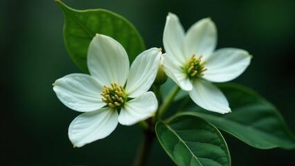 Fototapeta premium Delicate white dogwood flowers soft green petals dark
