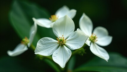 Fototapeta premium Delicate white dogwood flowers soft green petals dark