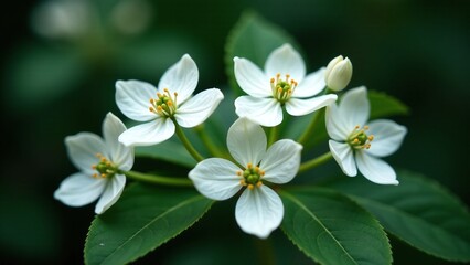 Fototapeta premium Delicate white dogwood flowers soft green petals dark