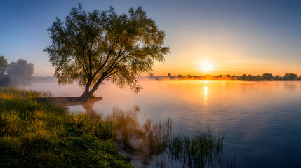Obraz premium A panoramic view of a sunrise over a foggy lake.