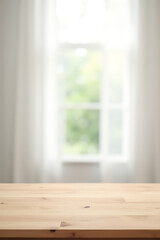 The wooden tabletop is bare against a blurred white curtain with a clear view through the window in the background._00001_