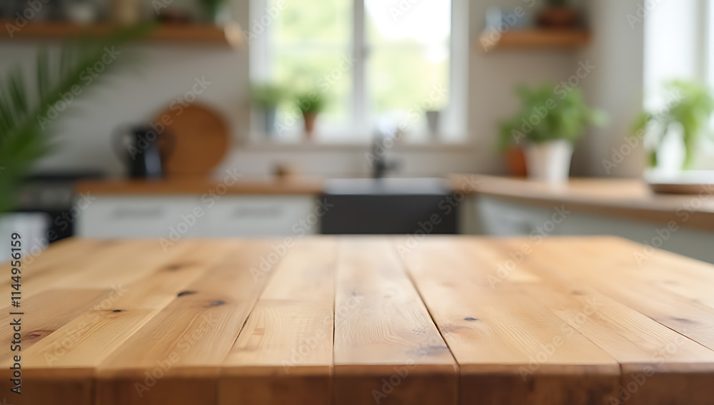 Poster The wood table top is in sharp focus while the rest of the kitchen counter remains blurred in the background._00003_