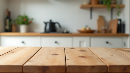 The wood table top is in sharp focus while the rest of the kitchen counter remains blurred in the background._00002_